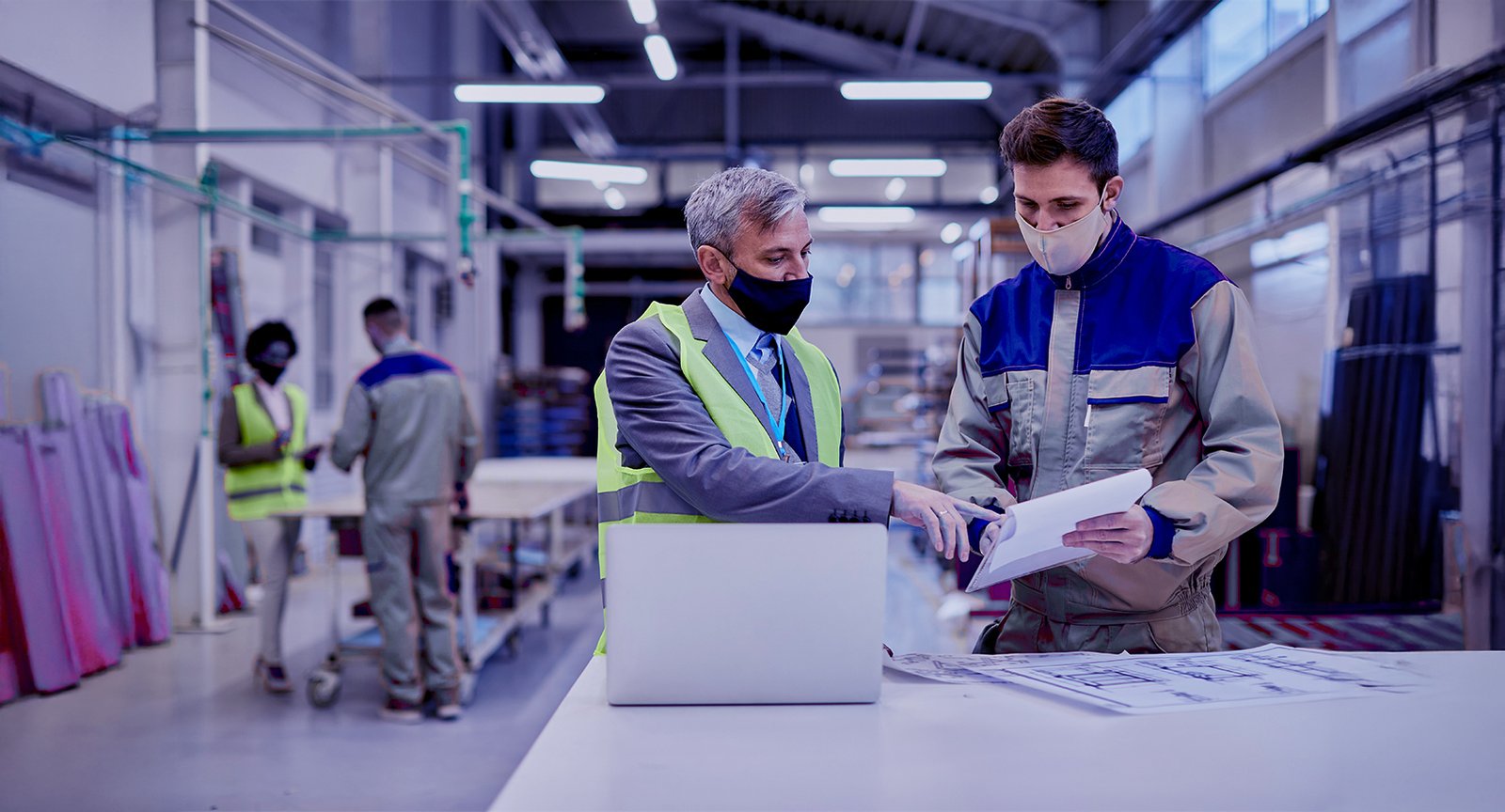 mid-adult-engineer-male-worker-wearing-face-masks-while-examining-paperwork-woodworking-factory